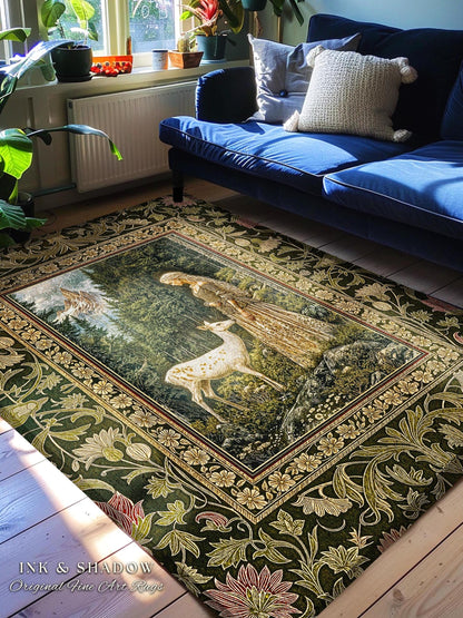 Whimsy Woodland Goddess Rug | Elegant Fairytale Accent Rug Victorian Botanical Princess Mystic Deer Forest Spirit Ethereal Bedroom Artwork |