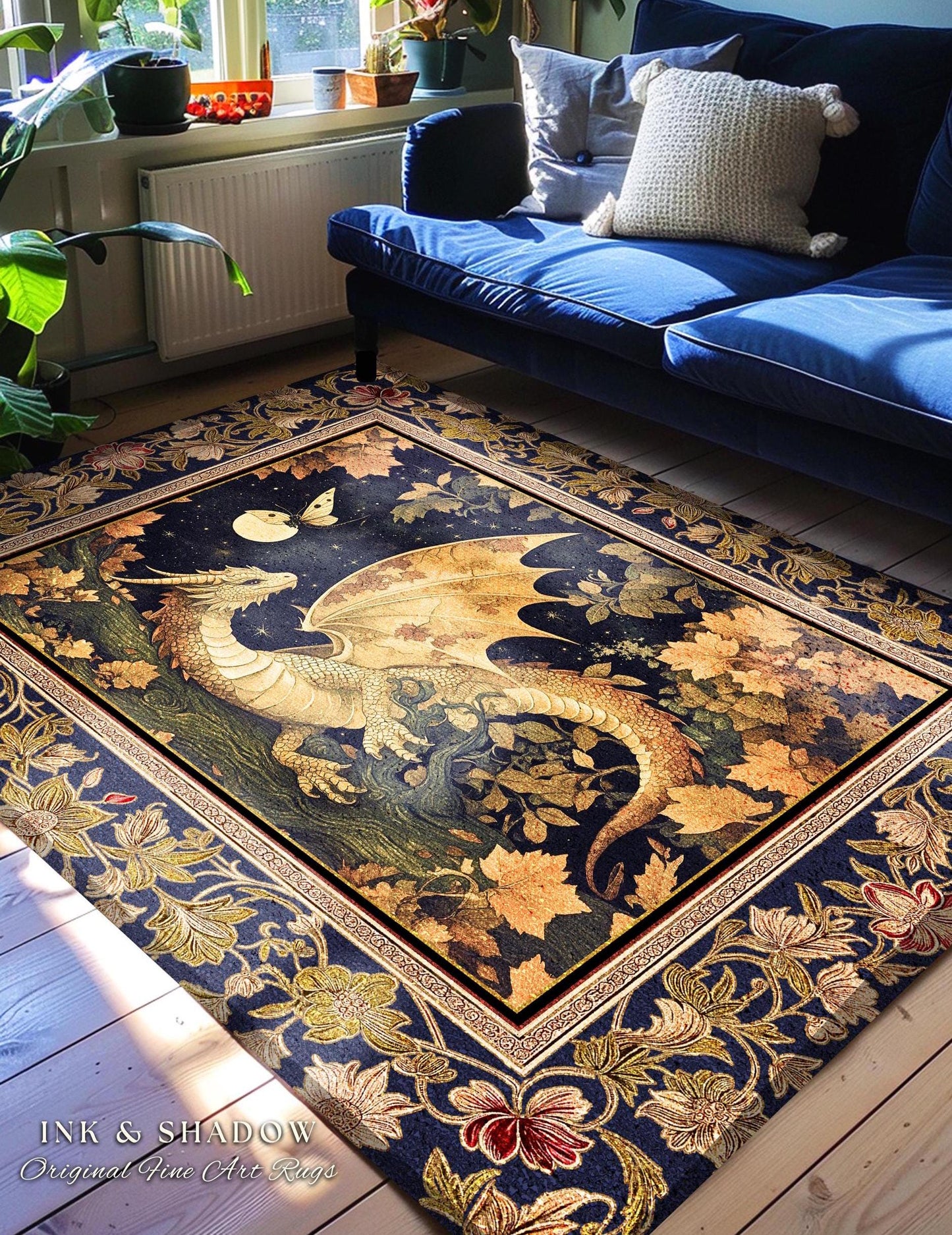 Ethereal Dragon Area Rug Antique Mystical Moonlit Forest Fairytale Decor | Enchanted Fairycore Celestial Night Art Teal Fantasy Accent Rug |
