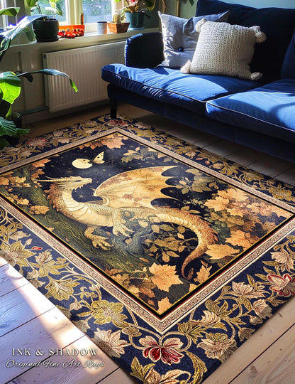 Ethereal Dragon Area Rug Antique Mystical Moonlit Forest Fairytale Decor | Enchanted Fairycore Celestial Night Art Teal Fantasy Accent Rug |