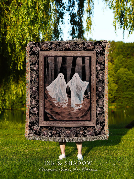 Woodland Gothic Ghost Friends Fall Aesthetic Decor Woven Throw Blanket Vintage Aesthetic Halloween Art Decor Spooky Ghost Painting Tapestry