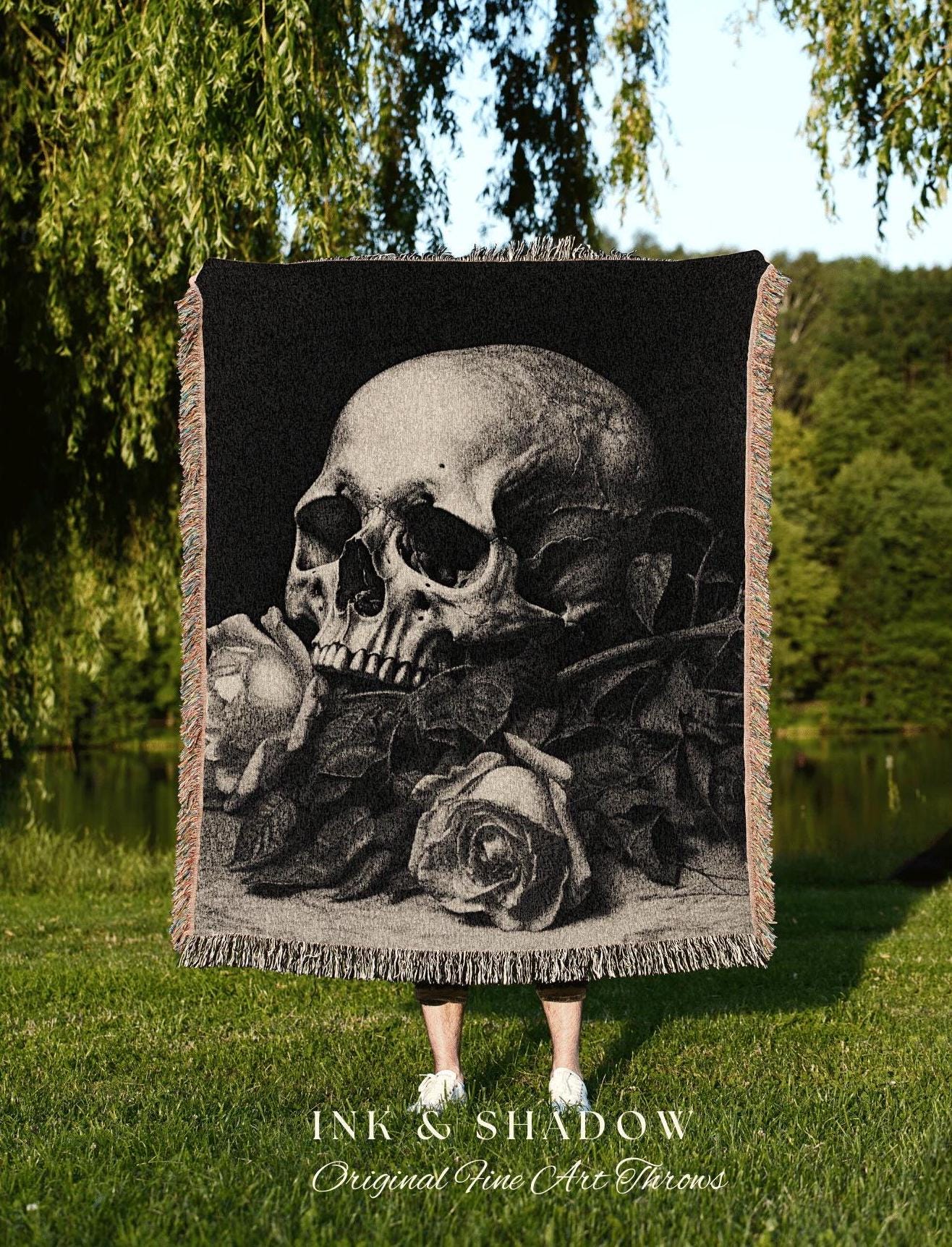 Gothic Room Decor Skull Tapestry Woven Wall Hanging | Gothic Renaissance Blanket Woven | Whimsigoth Room Decor Dark Floral Aesthetic Blanket