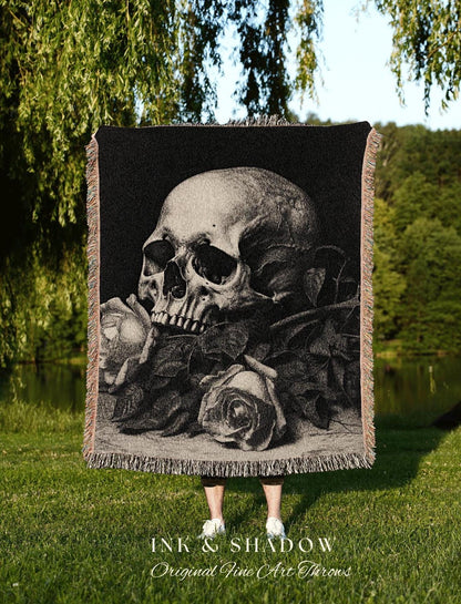 Gothic Room Decor Skull Tapestry Woven Wall Hanging | Gothic Renaissance Blanket Woven | Whimsigoth Room Decor Dark Floral Aesthetic Blanket