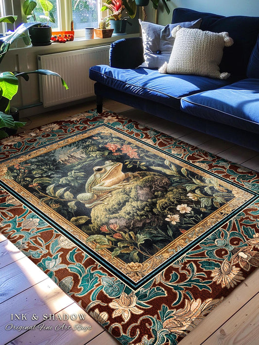 Storybook Aesthetic Frog Accent Rug | Bohemian Living Room Floral Ornate Dark Victorian Cottagecore Toad Area Rug Whimsical Eclectic Home |