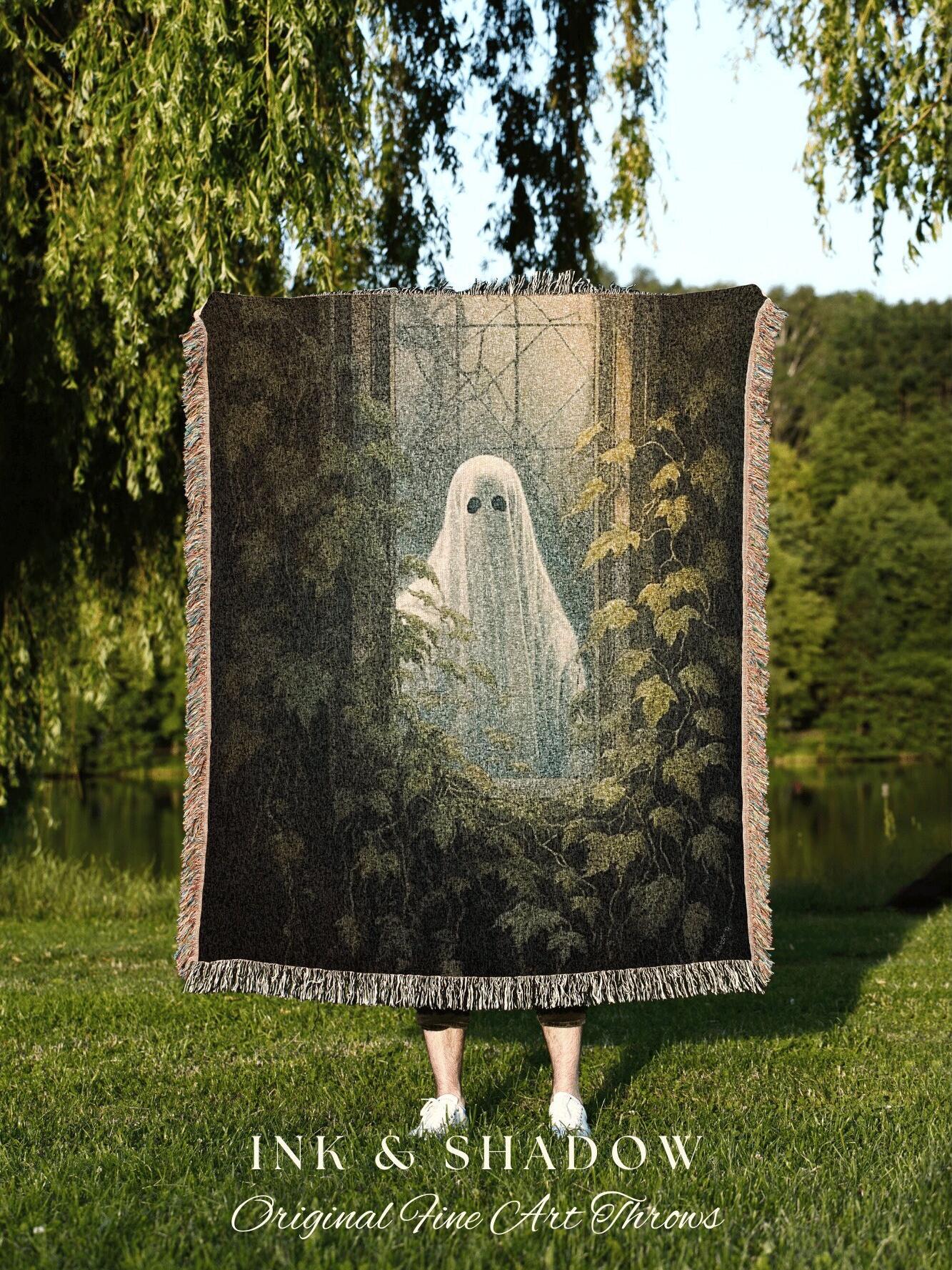 Mystical Ghost Blanket Halloween Tapestry Woven | Fall Aesthetic Vintage Ghost Art Woven Tapestry Halloween Decor Dark Academia Blanket Goth