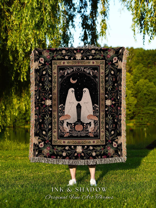 Boho Celestial Cottagecore Ghost Friends Blanket Woven Fall Vintage Aesthetic Ghost Decor Tapestry Dark Academia Retro Halloween Spooky Art