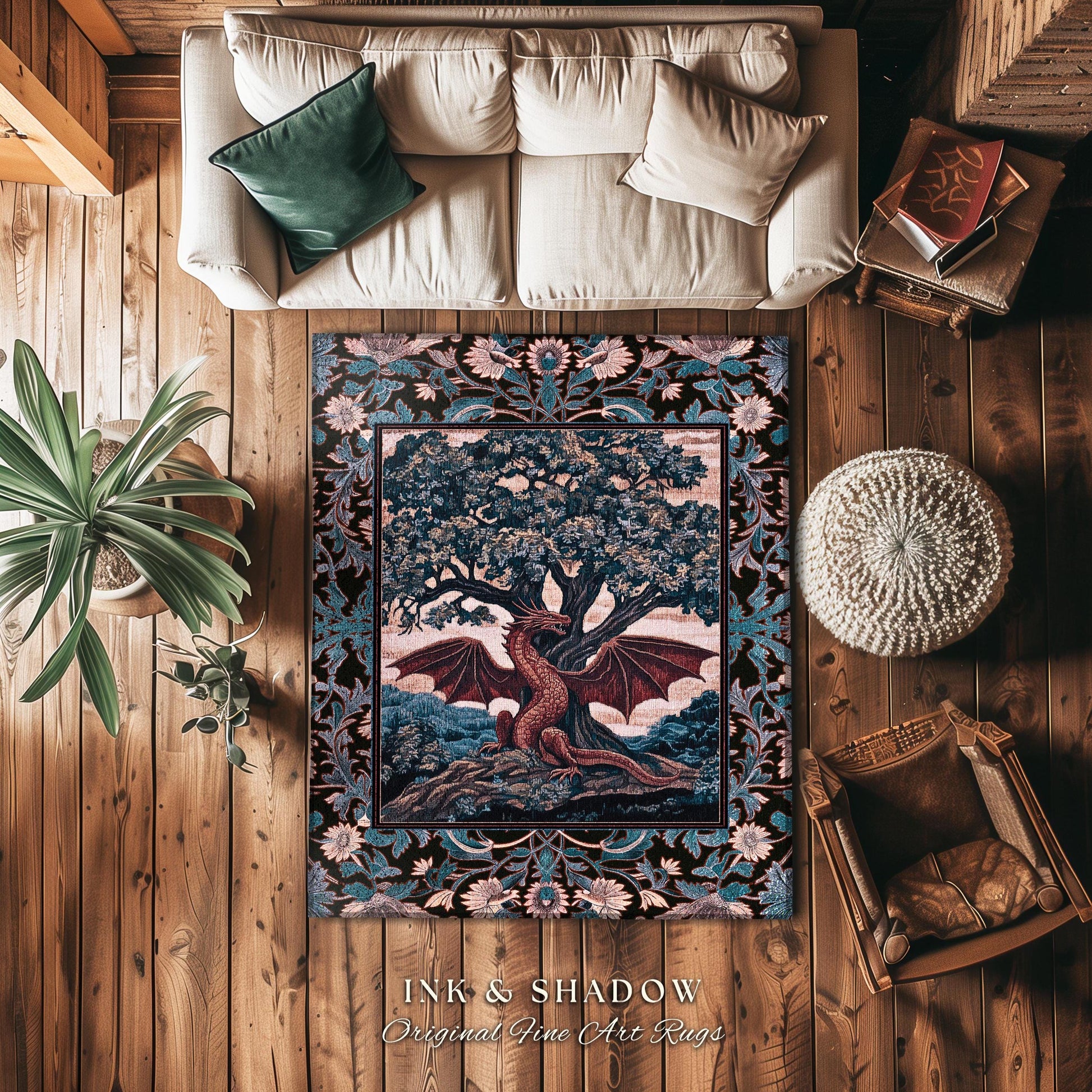 Rustic Medieval Fantasy Dragon Area Rug | Romantic Aesthetic Baroque Bedroom Fantasy Tree of Life Botanical Mythical Creatures Bedroom Art |