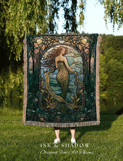 Mermaidcore Stained Glass Tapestry | Celestial Mermaid Cottagecore Decor Art Nouveau Tapestry Woven Blanket Mermaidcore Decor Stained Glass