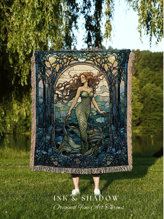 Mermaid Aesthetic Tapestry | Celestial Mermaid Cottagecore Ethereal Decor Art Nouveau Tapestry Woven Blanket Mermaidcore Decor Stained Glass