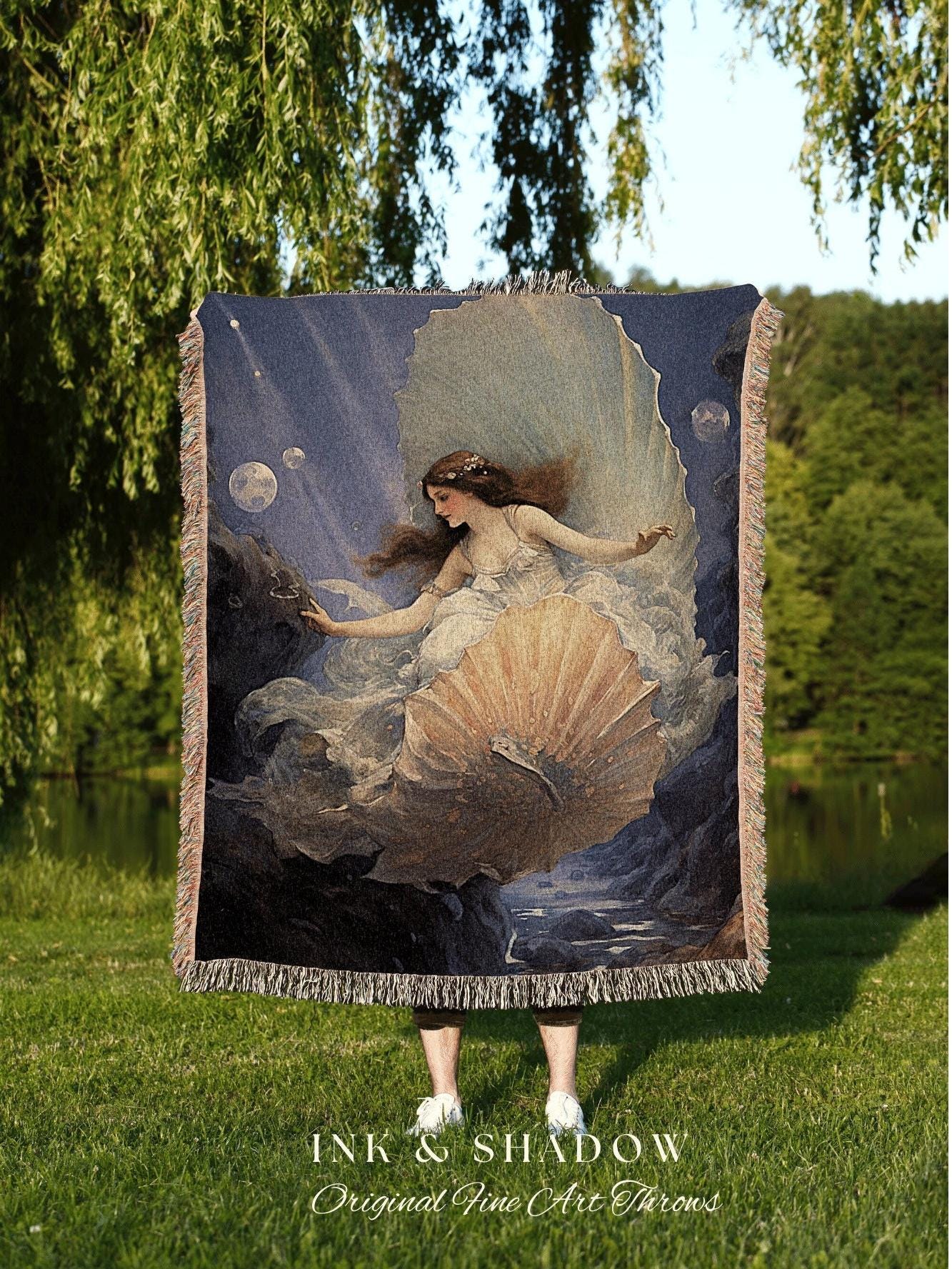 Venus Mermaid Renaissance Blanket | Celestial Mermaid Cottagecore Decor Art Nouveau Tapestry Woven Blanket Fairycore Decor Vintage Aesthetic