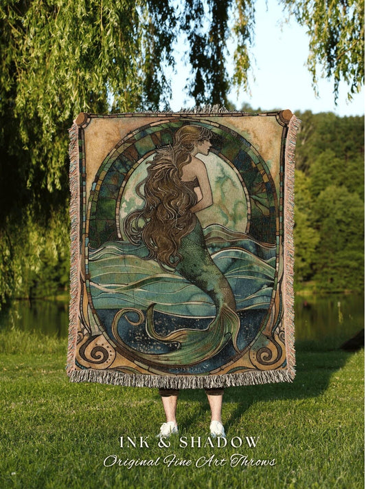 Siren Tapestry Boho Mermaid | Fairycore Bedroom Celestial Throw Ethereal Tapestry Sirencore Decor Witchy Stained Glass Art Woven Wall Art