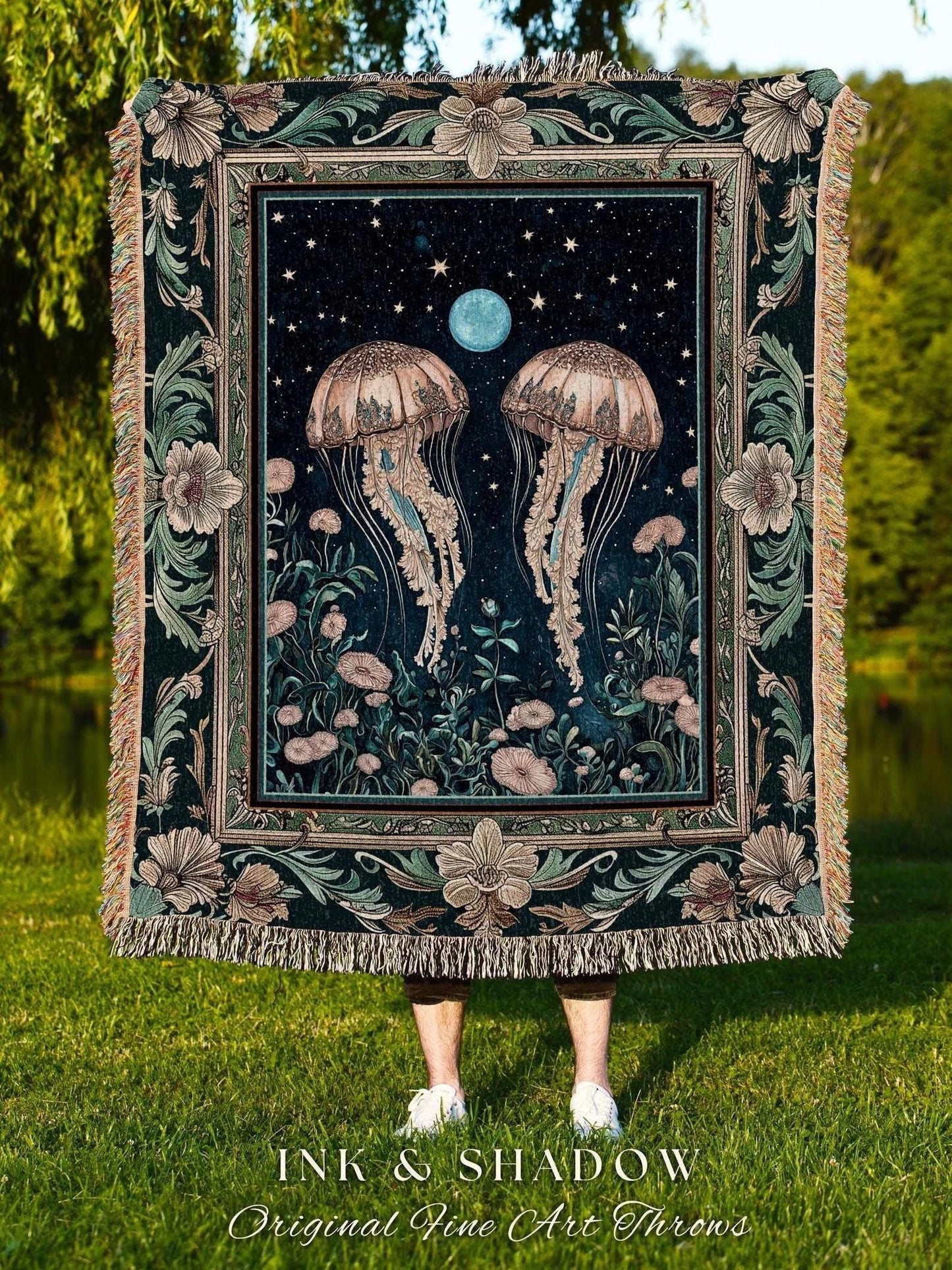 Enchanted Jellyfish Tapestry Midnight Blue Celestial Floral Coastal Cottagecore Woven Blanket Art Nouveau Marine Fairycore Moonlit Mystical