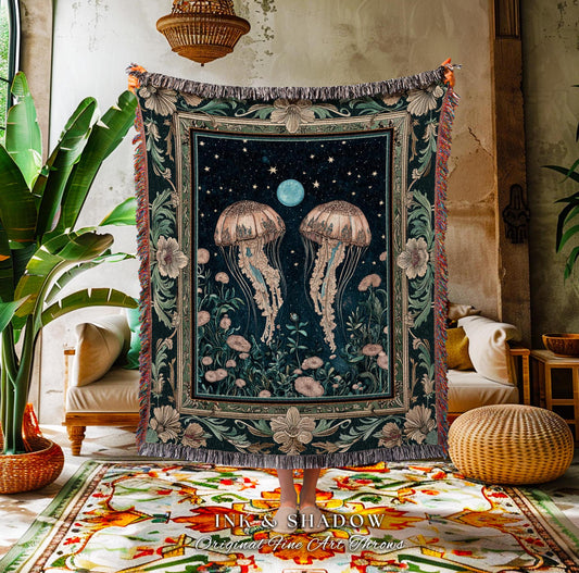 Enchanted Jellyfish Tapestry Midnight Blue Celestial Floral Coastal Cottagecore Woven Blanket Art Nouveau Marine Fairycore Moonlit Mystical