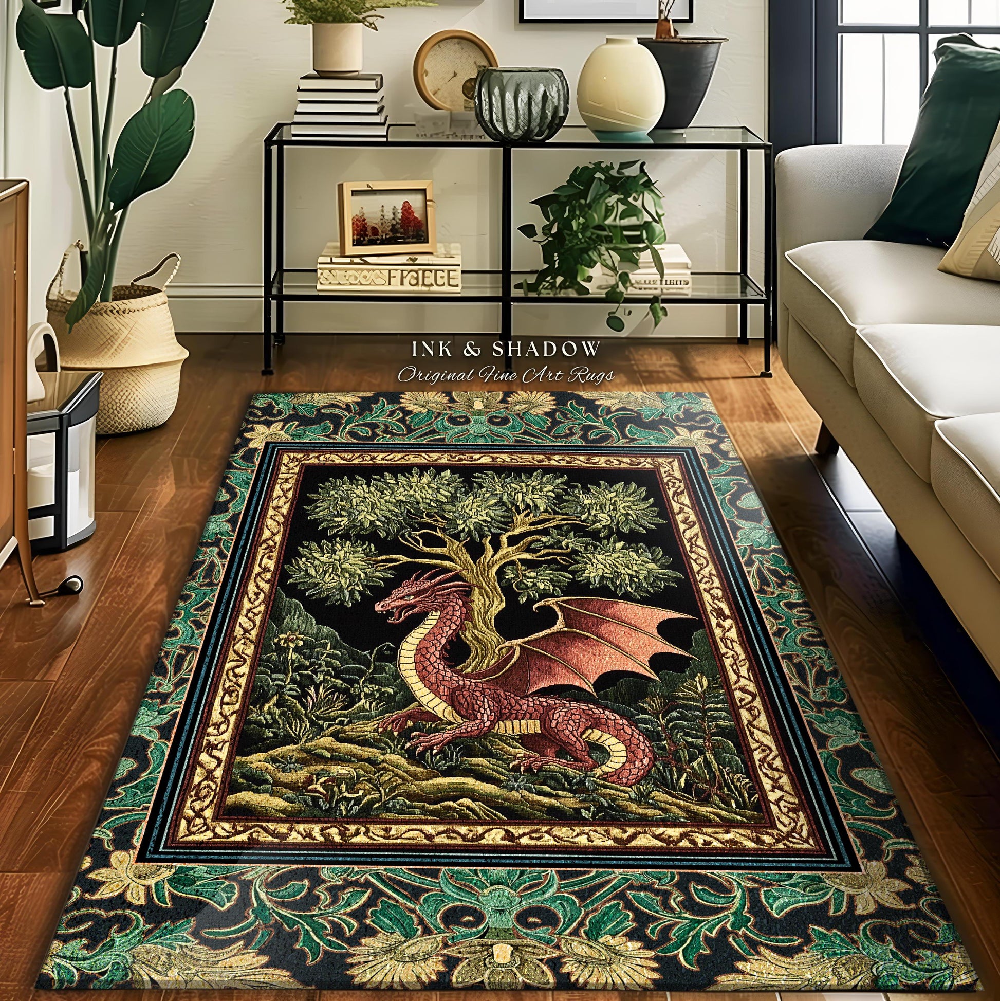 Fairytale Gothic Dragon Area Rug | Whimsical Fantasy Dark Cottagecore Aesthetic Medieval Accent Rug Moody Bedroom Gothic Maximalist Theme