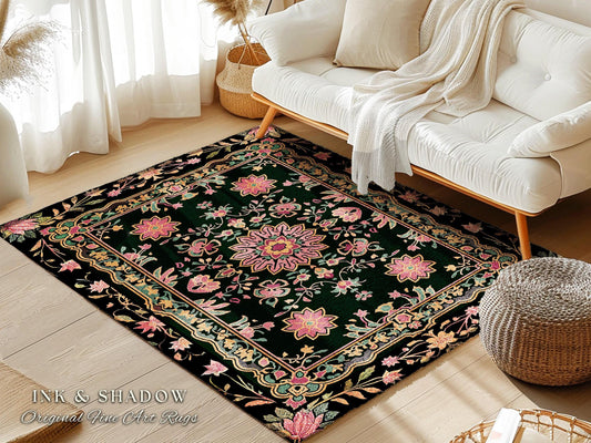 Maximalist Floral Area Rug Dark Pink Decorative Bohemian Turkish Style Colorful Accent Rug Decorative Rugs for Living Room Rectangular Rug