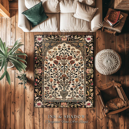 Boho Living Room Floor Decor | Pastel Floral Aesthetic Common Room Home Decor Rustic Housewarming Gift Cottagecore Rug Dark Floral Bedroom |