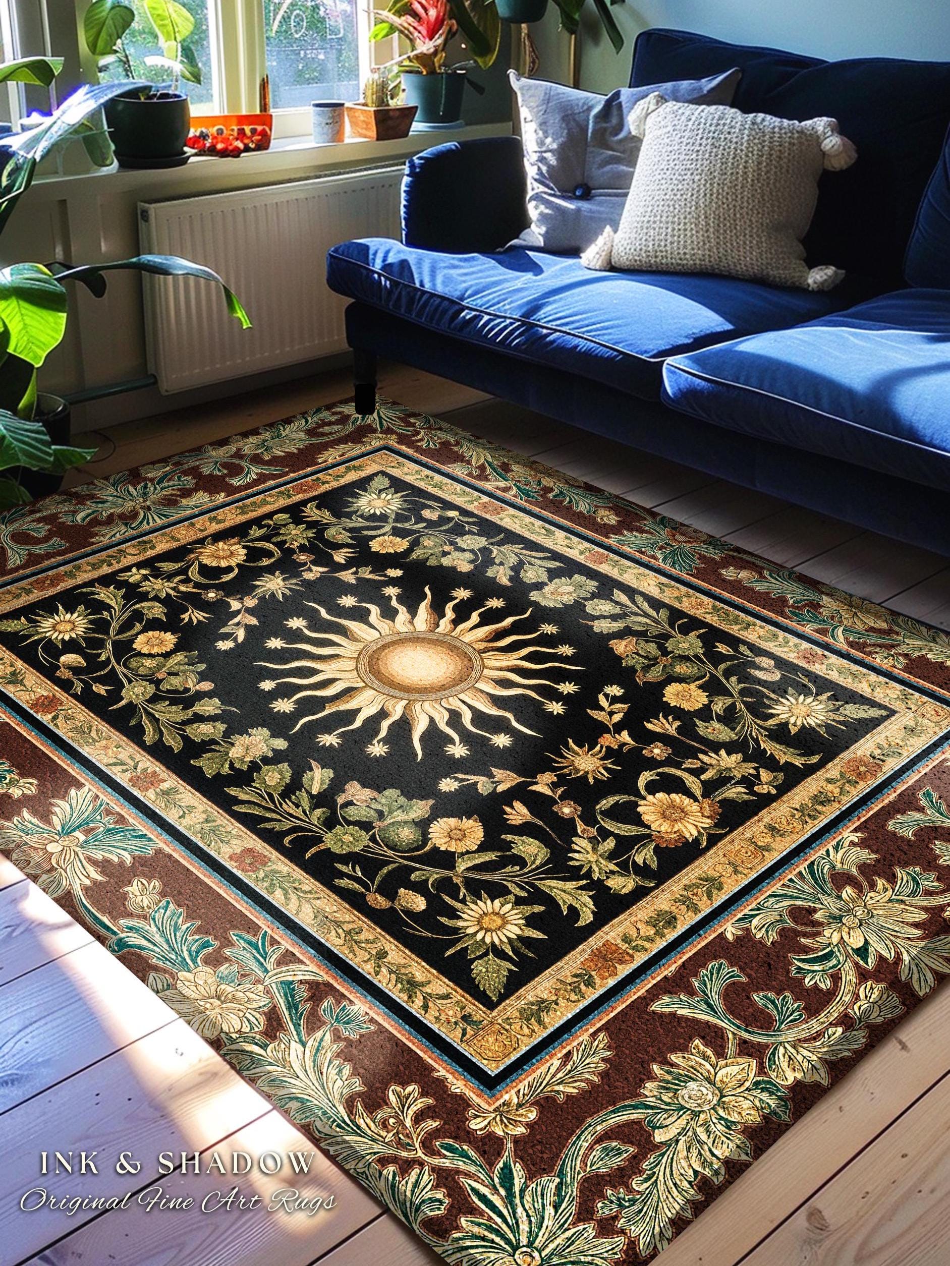 Ethereal Energy Celestial Bedroom Rug | Mystic Boho Maximalist Astrology Inspired Witchy Sun and Moon Gothic Tarot Aesthetic Enchanted Decor