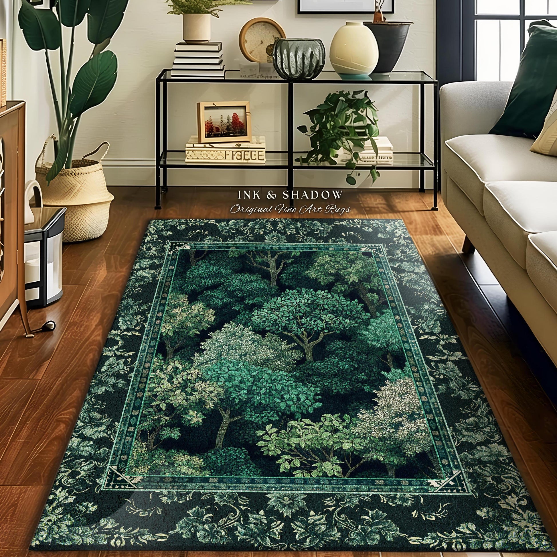Verdant Greenery Botanical Area Rug | Woodland Magical Aesthetic Living Room Green Home Decor Plant Loving Bedroom Plan Gift Emerald Teal |