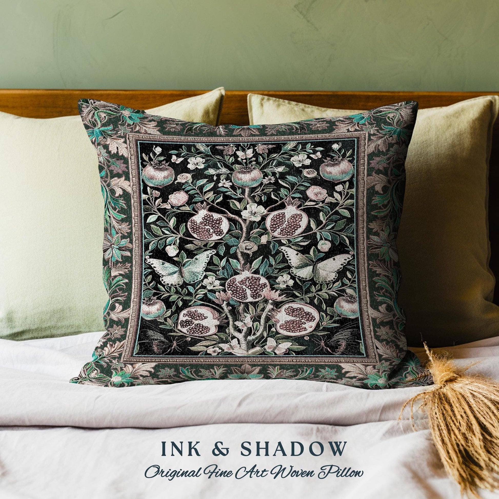 Mystical Pomegranate Forestcore Tapestry Pillow Whimsical Nature Inspired Botanical Cottagecore Cushion, Vintage Woodland Gothic Forest Art