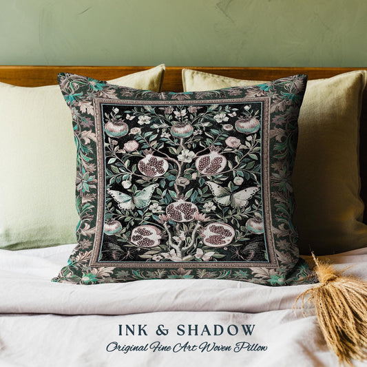 Mystical Pomegranate Forestcore Tapestry Pillow Whimsical Nature Inspired Botanical Cottagecore Cushion, Vintage Woodland Gothic Forest Art