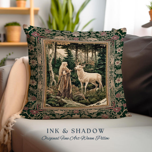 Emerald Forest Spirits Throw Pillow | Botanical Elegance Woodland Spirits Dark Green Cushion Goth Fairycore Romantic Aesthetic Gothic Deer