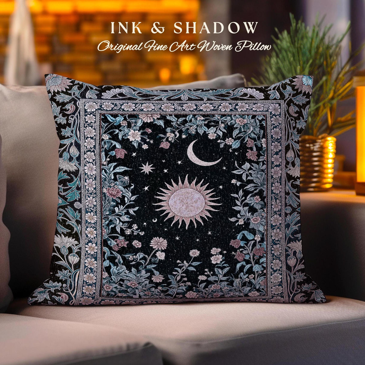 Midnight Lavender Celestial Pillow | Witchy Pastel Tarot-Inspired Bohemian Sun & Moon Maximalist Astrology Whimsical Purple Tapestry Cushion