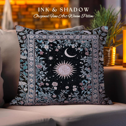 Midnight Lavender Celestial Pillow | Witchy Pastel Tarot-Inspired Bohemian Sun & Moon Maximalist Astrology Whimsical Purple Tapestry Cushion