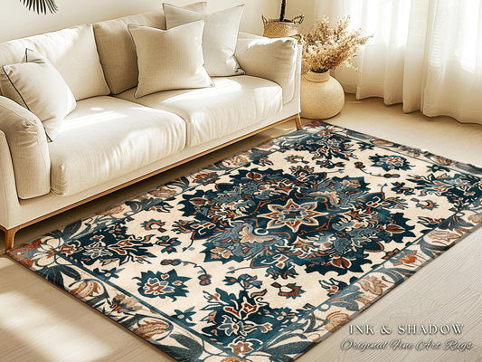 Cool Tone Area Rug Bohemian | Dark Floral Aesthetic Living Room Home Decor Rustic Housewarming Gift Cottagecore Earth Tone Bedroom Floor Mat