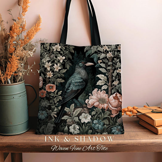 Jungle Crow Woven Tapestry Tote | Goth Tote William Morris Inspired Raven Tote Bag Crow Core Satchel Maximalist Tapestry Tote Dark Botanical