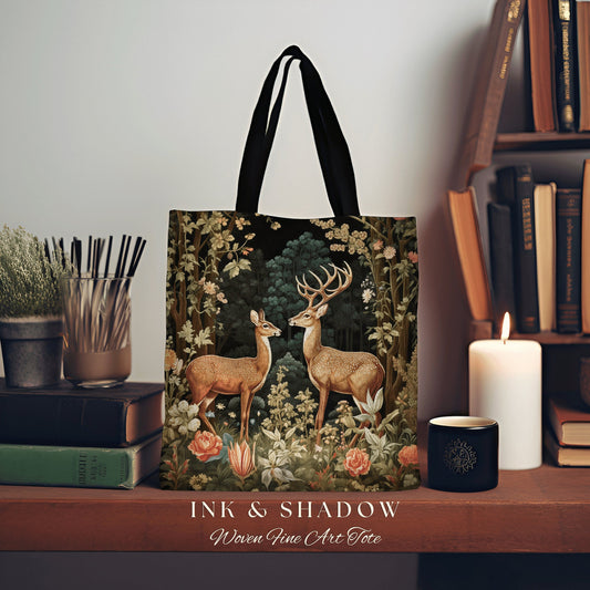 Doe & Deer Fairycore Tote Bag | Folk Art Aesthetic Shoulderbag Woven William Morris Bag Dark Cottagecore Gothic Botanical Deer Woodland Gift