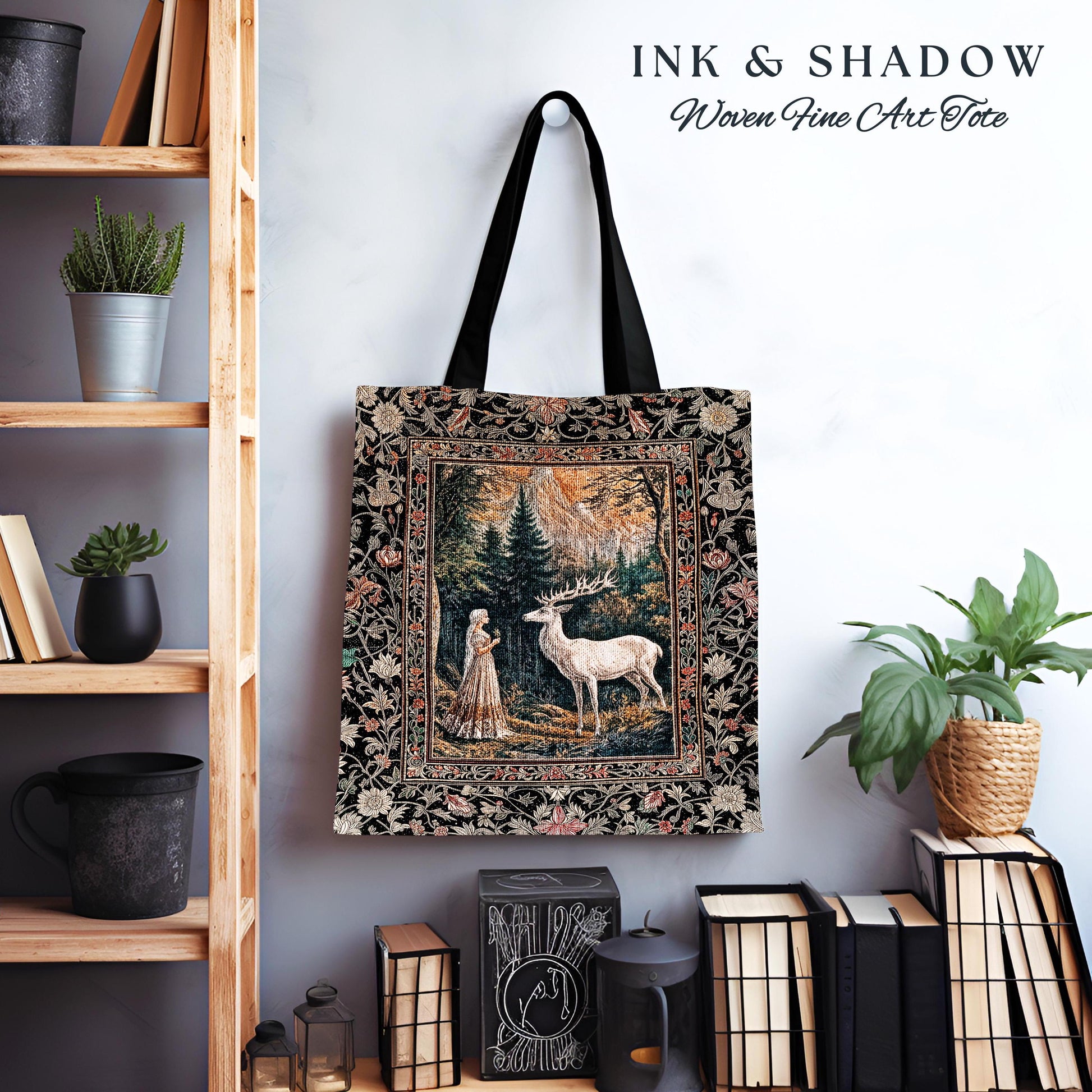 Mythic Landscape Gothic Forest Tote | Woodland Goddess Mystic Deer Tapestry Bag Forest Nymph Fairycore Woven Magical Botanical Deer Scene |