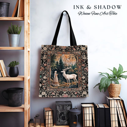 Mythic Landscape Gothic Forest Tote | Woodland Goddess Mystic Deer Tapestry Bag Forest Nymph Fairycore Woven Magical Botanical Deer Scene |