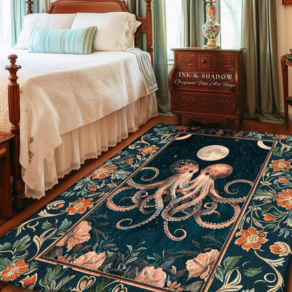 Moonlit Ocean Aesthetic Octopus Rug | Underwater Theme Ocean Aesthetic Eclectic Oddities Whimsical Area Rug Magical Ethereal Sea Life Accent