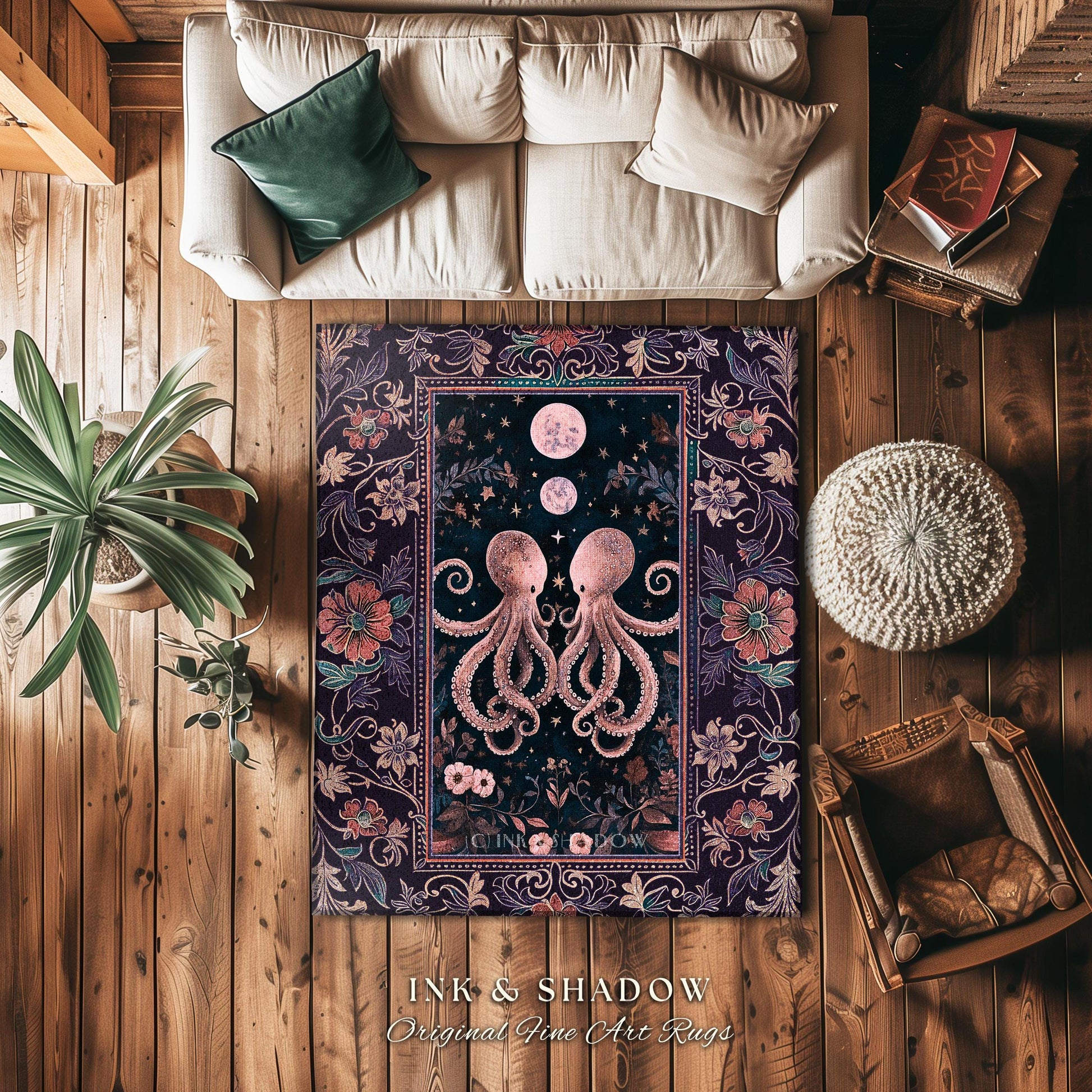 Lunar Magic Whimsical Octopus Rug | Midnight Purple Dark Academia Nautical Celestial Goblincore Oceanic Mystery Victorian Floral Area Rug |
