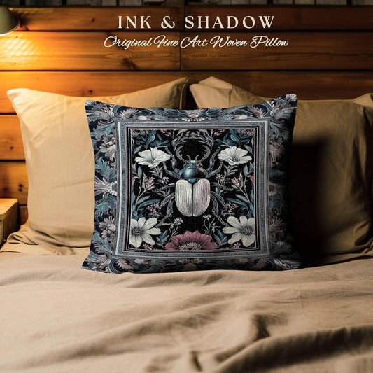 a decorative pillow on a bed with a wooden headboard