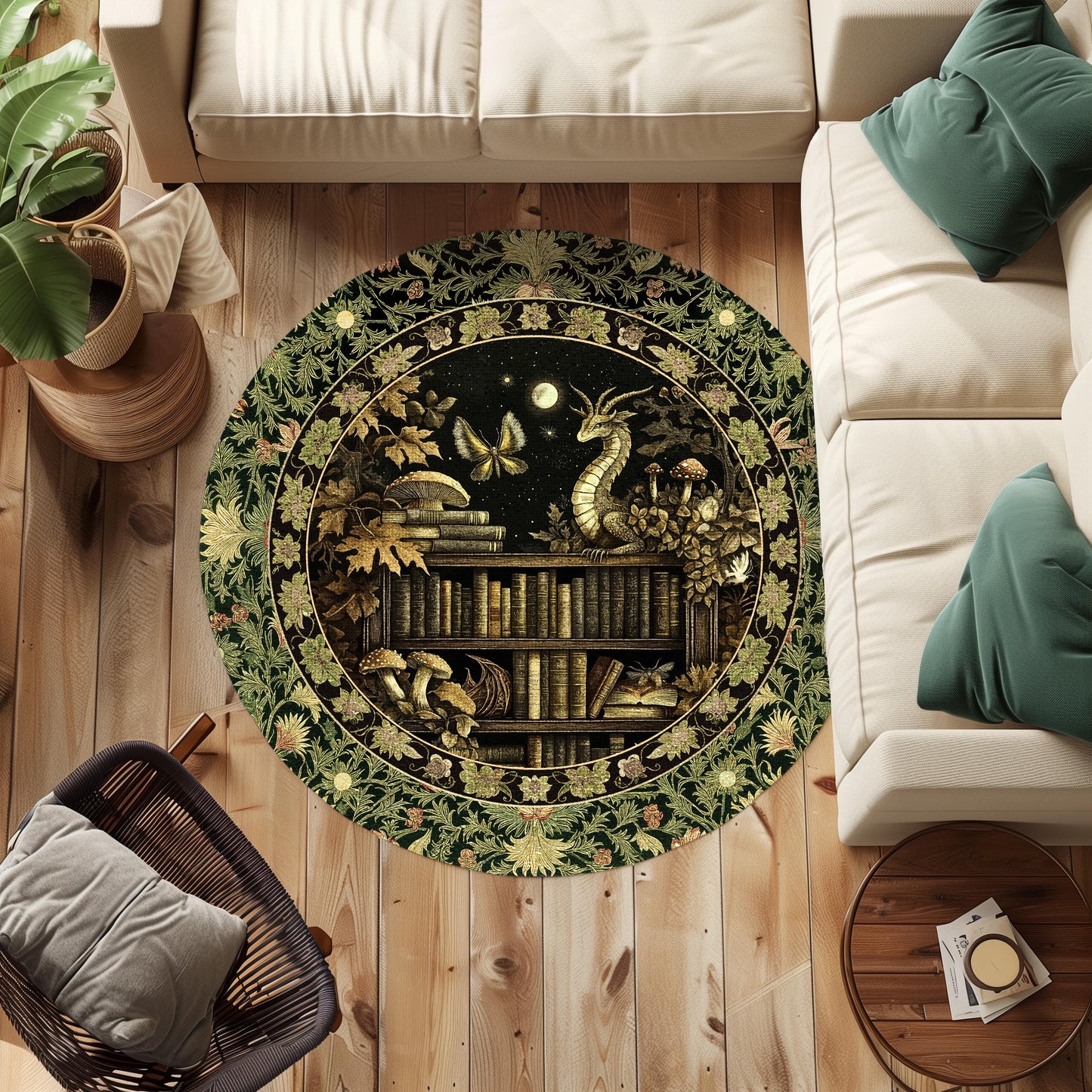 Enchanted Library Dragon Rug Mystical Dark Academia Bookshelf Fantasy Folklore Decor | Vintage Gothic Cottagecore Bookish Reading Nook Art