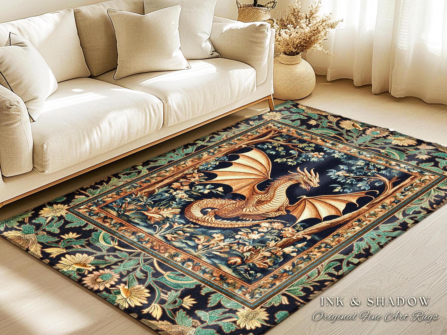 Golden Mystic Fairytale Dragon Rug | Storybook Aesthetic Dark Victorian Enchanted Gothic Art Forest Botanical Folklore Magical Home Accent |