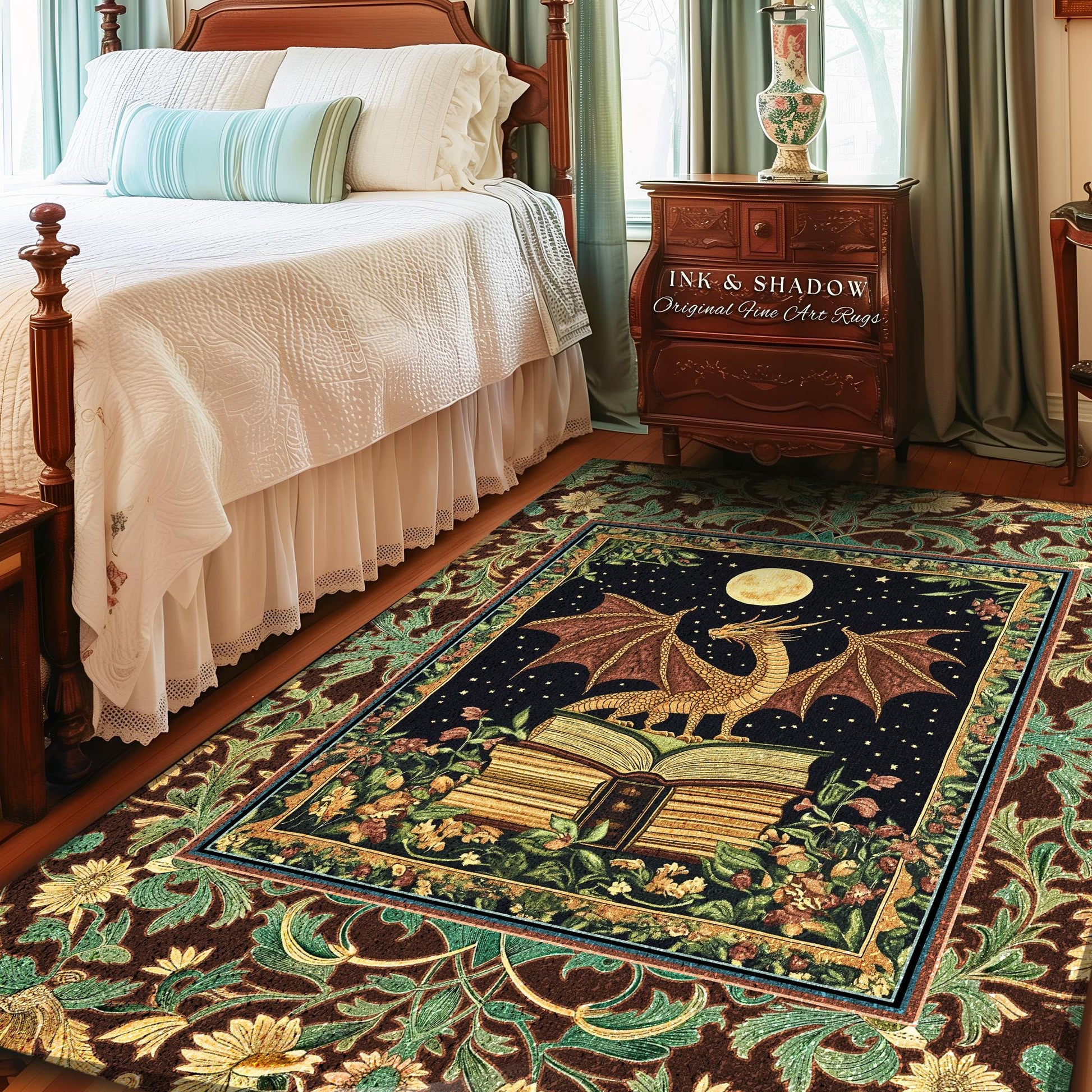Goblincore Book Nook Accent Rug | Medieval Maximalist Dragon Lover Area Rug Dark Academia Reading Corner Ethereal Bedroom Whimsigothic Art
