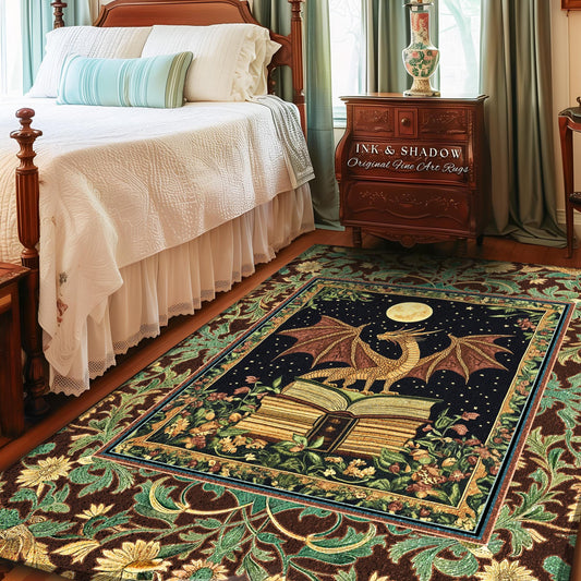 Goblincore Book Nook Accent Rug | Medieval Maximalist Dragon Lover Area Rug Dark Academia Reading Corner Ethereal Bedroom Whimsigothic Art