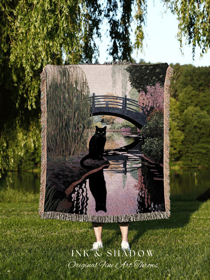 Black Cat Tapestry Landscape Blanket Woven Art Claude Monet Bridge Over a Pond of Water Lilies | Black Cat Art Tapestry Monet Inspired Art |