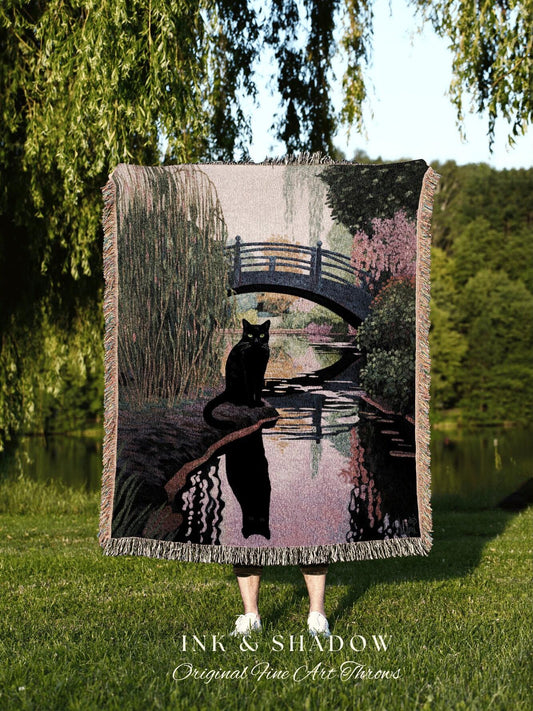 Black Cat Tapestry Landscape Blanket Woven Art Claude Monet Bridge Over a Pond of Water Lilies | Black Cat Art Tapestry Monet Inspired Art |