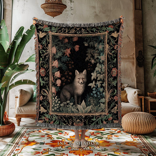 Grey Fox Mystic Bedroom Throw | Cottagegoth Room Decor Morris Inspired Forest Aesthetic Fairycore Gothic Dorm Tapestry Ethereal Blanket |