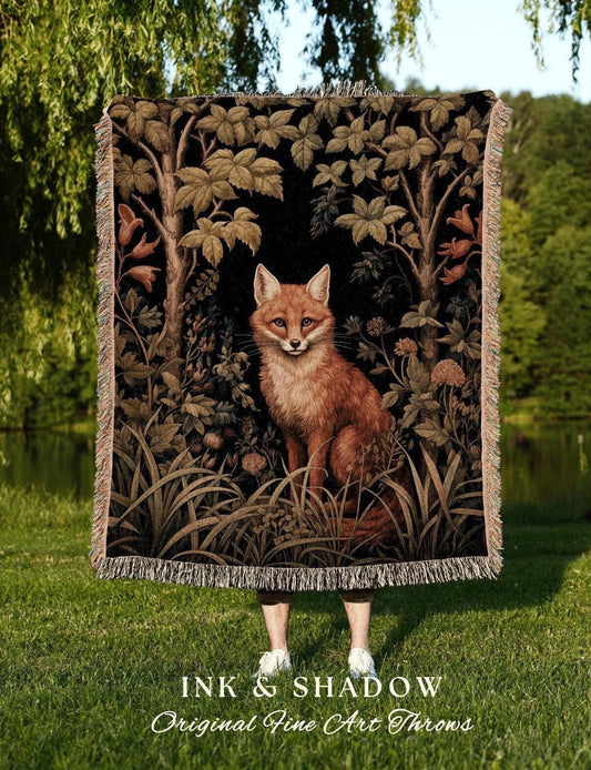 Nature Blanket Woven Fox Tapestry | Woodland Folk Art Blanket Woven Tapestry William Morris Style Woodland Gothic Decor Dark Cottagecore Fox