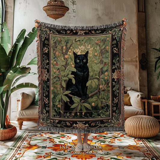 Black Cat Botanical Blanket | Dark Floral Bedroom Decor Cottagecore Reading Corner Gothic Tapestry Woven Dark Fairycore Room Woodland Art