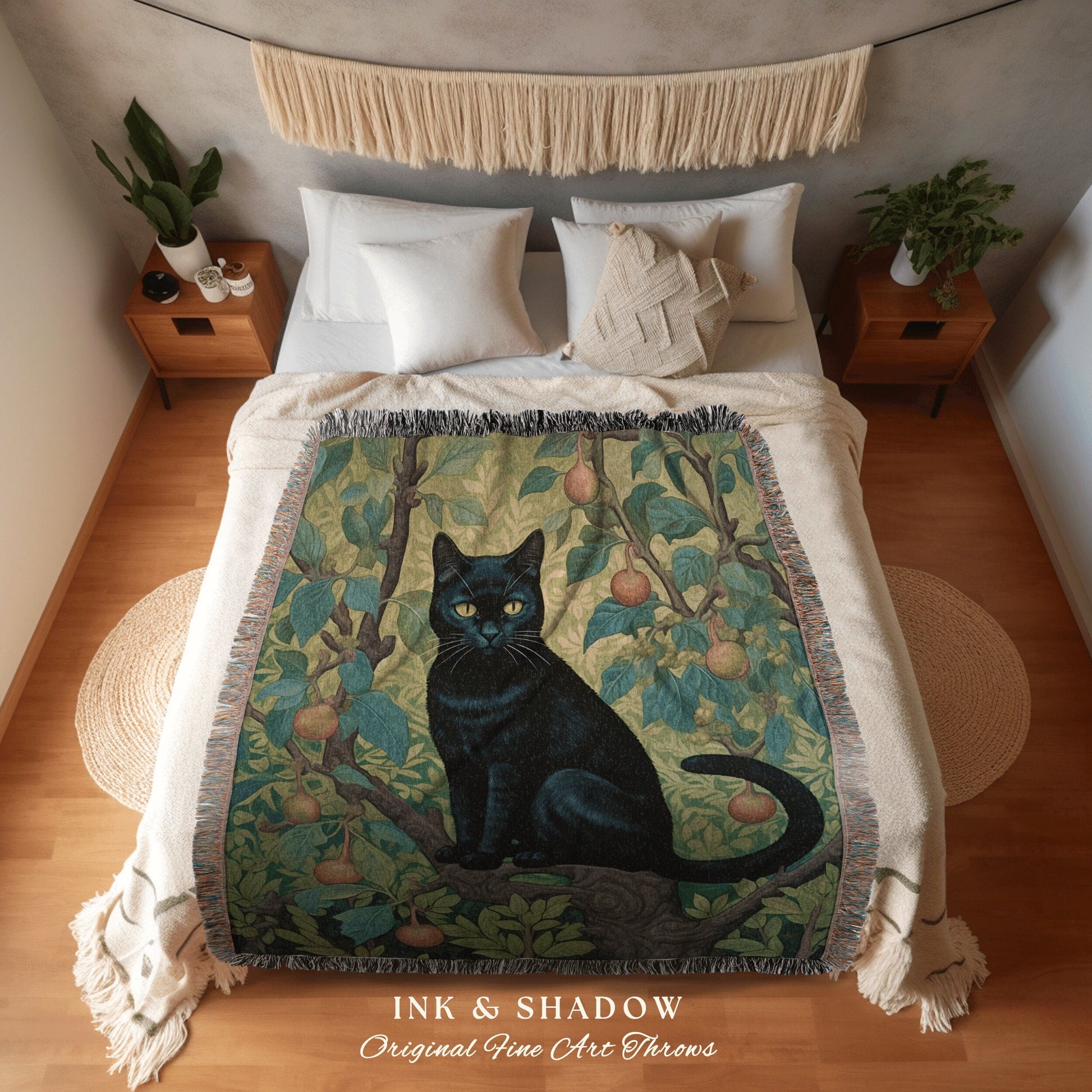 Jungle Botanical Black Cat Tapestry | Woven Throw Black Cat Art Painting Pastel Decor William Morris Inspired Tapestry Blanket Cute Cat Gift