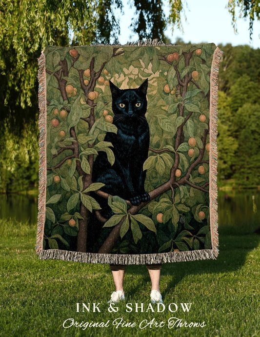 Black Cat Tapestry Botanical Blanket | Woven Throw Black Cat Painting Pastel Decor Indie Aesthetic Dorm Room Tapestry Blanket Cute Cat Art |