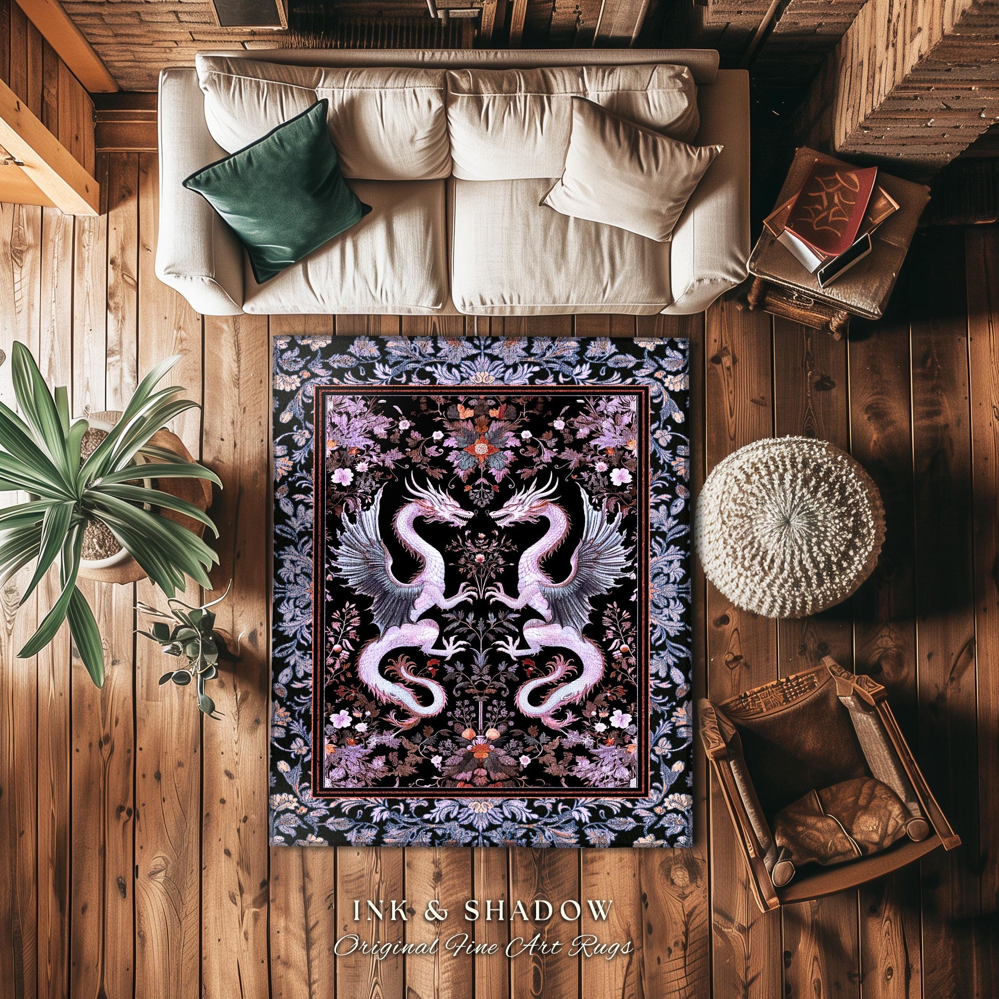 Pastel Gothic Fantasy Dragon Round Rug | Medieval Aesthetic Chinese Dragon Home Acceent Lavender Purple Decor Whimsigothic Dark Academia |
