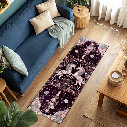 Dark Fairytale Unicorn Runner Rug | Whimsical Fairycore Home Accent Victorian Gothic Floral Decor Baroque Romantic Mystic Cute Area Rug Boho