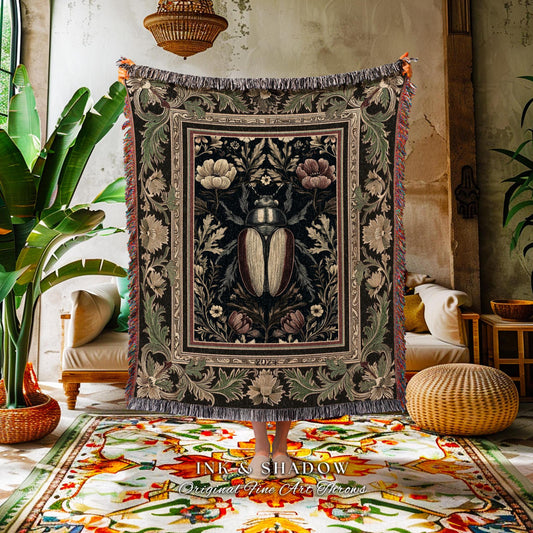 Dark Botanical Woodland Gothic Tapestry Throw Vintage Aesthetic Victorian Beetle Floral Whimsigoth Decor | Witchy Forestcore Bug Art Blanket