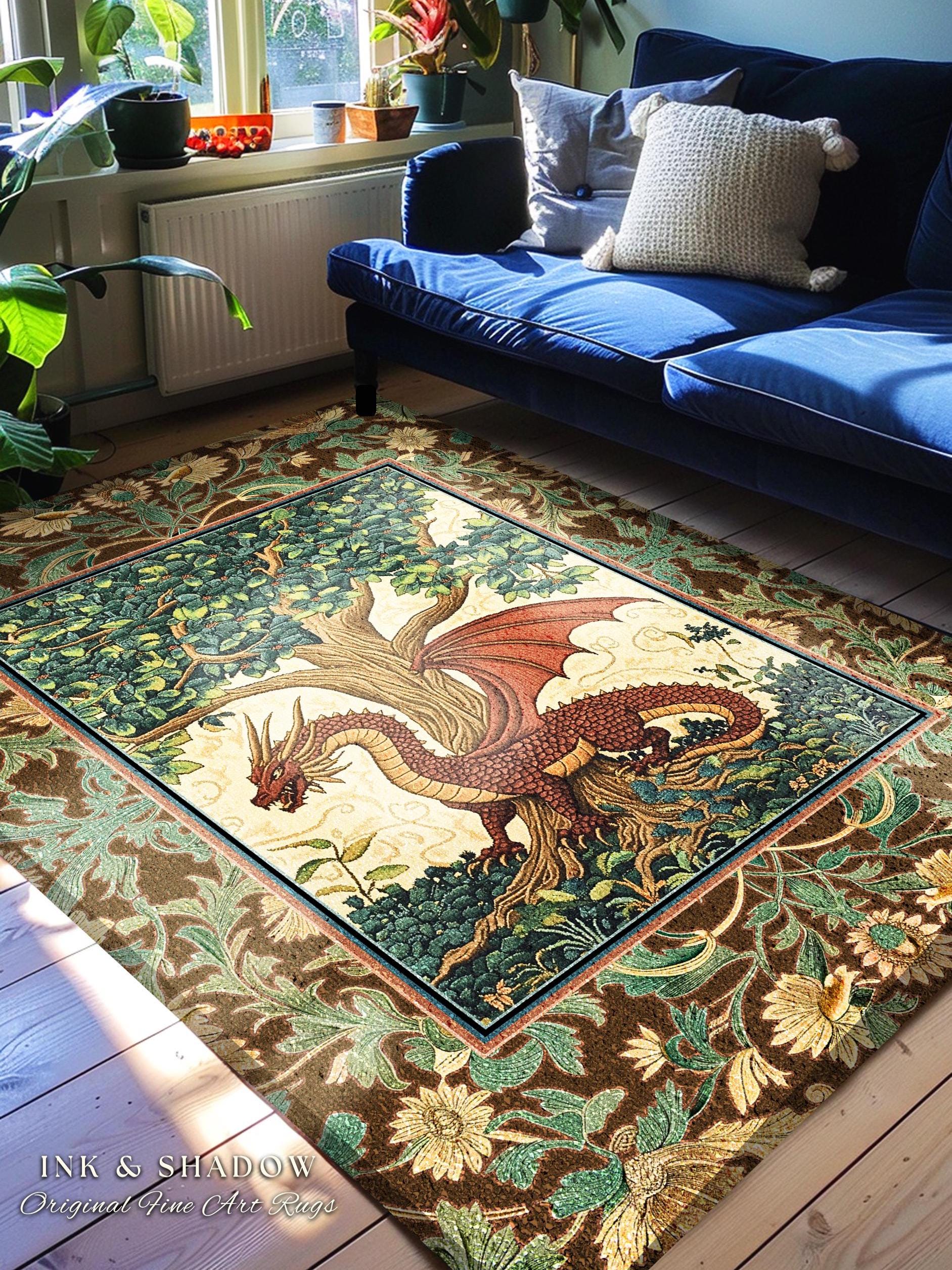 Dark Botanical Dragon Accent Rug | Ethereal Aesthetic Whimsigothic Dark Academia Decor Crowcore Fairytale Witchy Bedroom Victorian Gothic