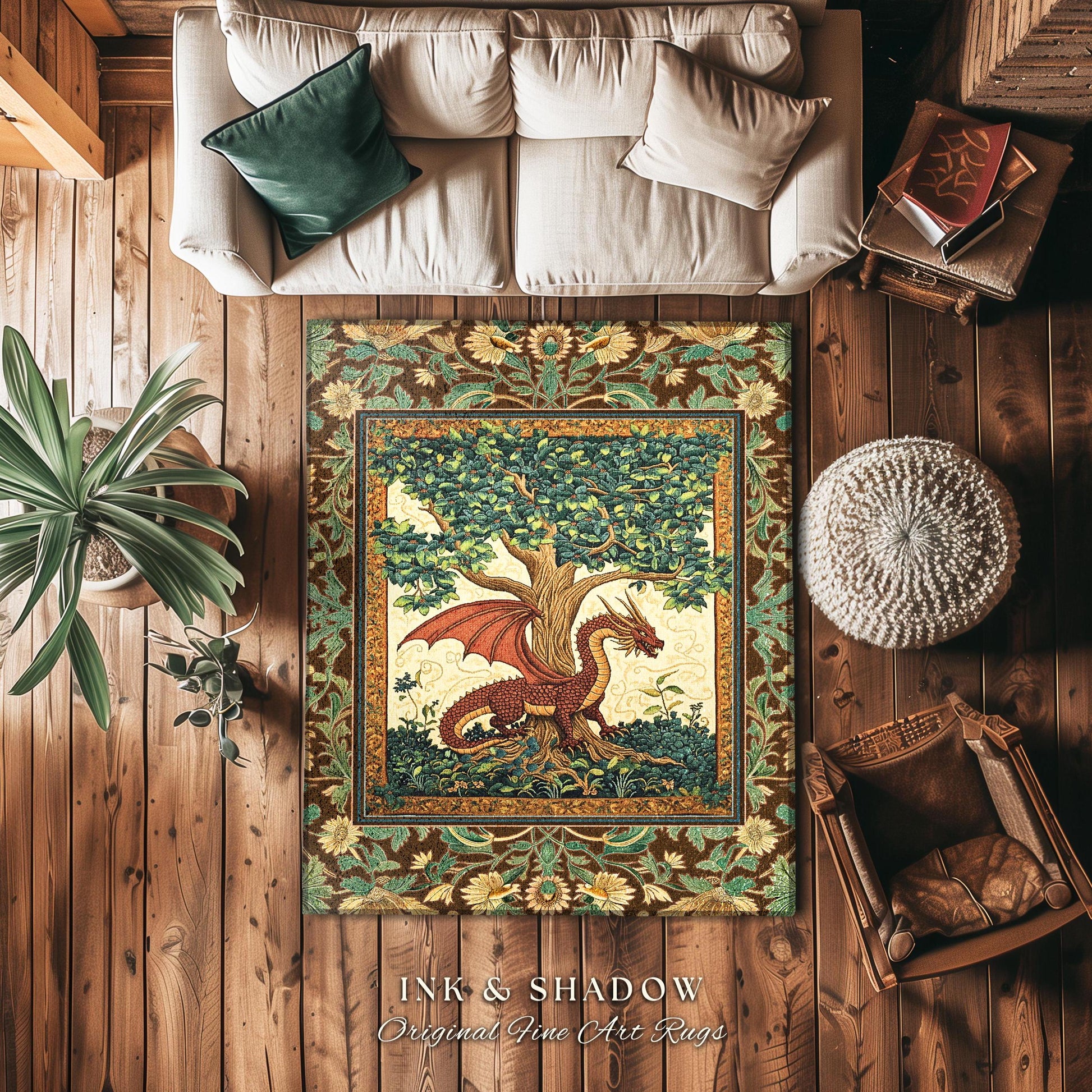 Medieval Enchantment Rustic Bedroom Rug | Whimsical Woodland Dragon Theme Mystical Tree of Life Decor Magical Forest Whimsigothic Accent Rug
